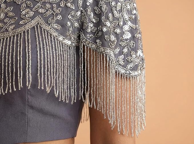 Owlsky Women Ready-to-Wear One Minute Saree with Embellished Fringed Cape Blouse & Handcrafted Belt | Imported Georgette Wedding & Festive Saree | Pre-Draped Saree