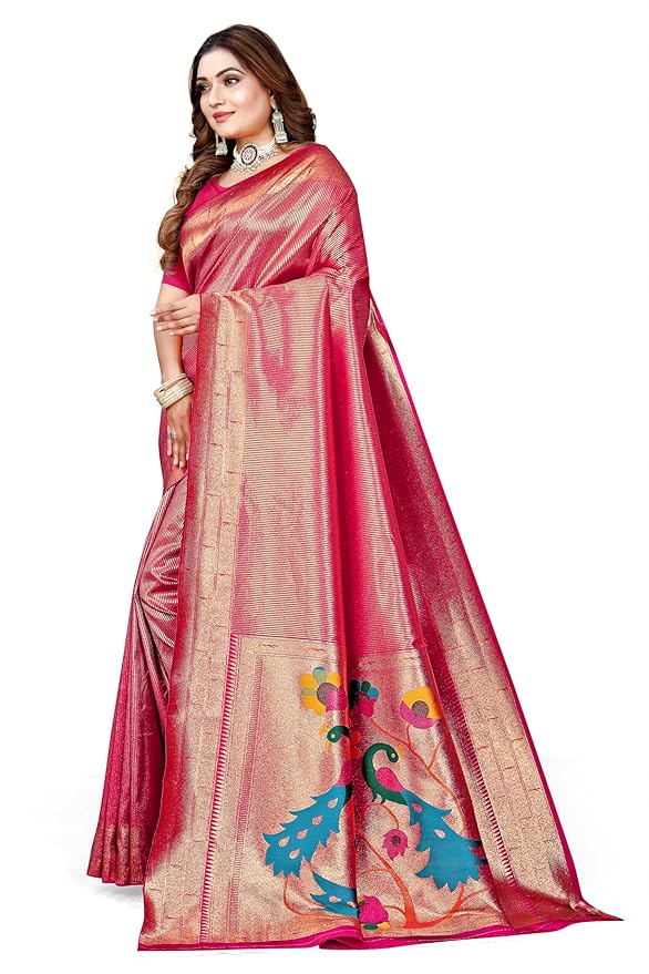Owlsky Women’s Kanjivaram Silk Saree with Beautiful Paithani Rich Pallu | Design Work Zari Woven Kanjivaram Silk Style Saree With Soft Lichi Silk Blouse Rani Pink