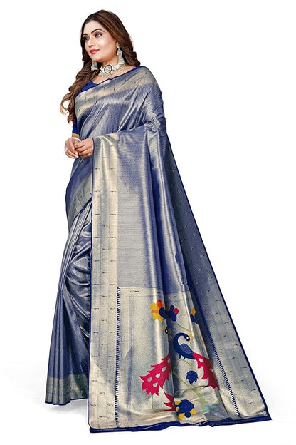 Owlsky Women’s Kanjivaram Silk Saree with Beautiful Paithani Rich Pallu | Design Work Zari Woven Kanjivaram Silk Style Saree With Soft Lichi Silk Blouse Navy Blue