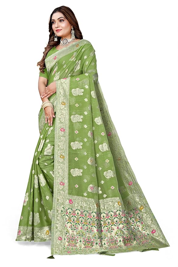 Owlsky Women’s Linen Tissue Silk Saree with Thread Weaving & Siroski Work | Included with Unstriched Blouse Piece | Pista Green