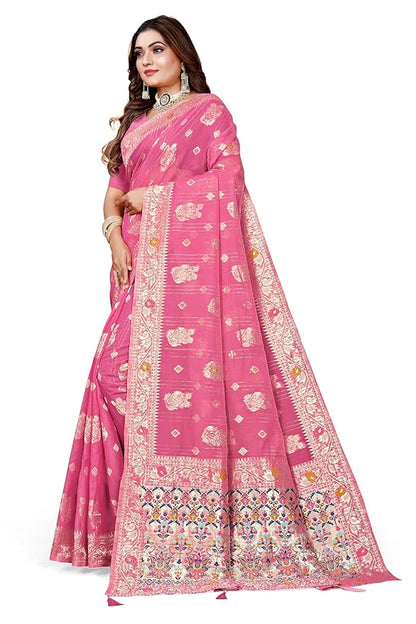 Owlsky Women’s Linen Tissue Silk Saree with Thread Weaving & Siroski Work | Included with Unstriched Blouse Piece | Rani Pink