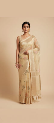 Owlsky Women Cream-Coloured & Gold Organza Silk Floral Woven Zari Saree with Tassels
