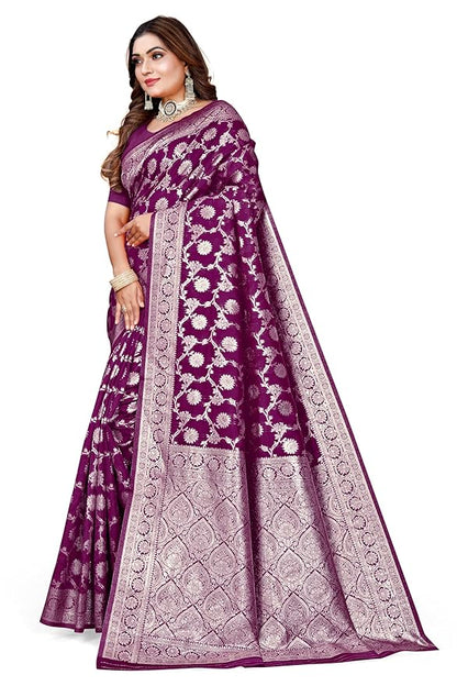 Owl Sky Women's Kanjivaram Soft Lichi Silk Saree with Silver Zari Floral Weave | With Unstiched Blouse Piece | Elegant Lightweight Indian Ethnic Sari | Wine