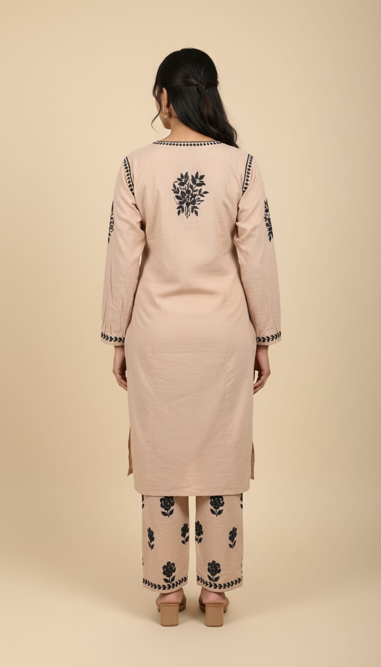Owlsky Women Beige Lakhnavi Chikankari Modal Kurta with Palazzos