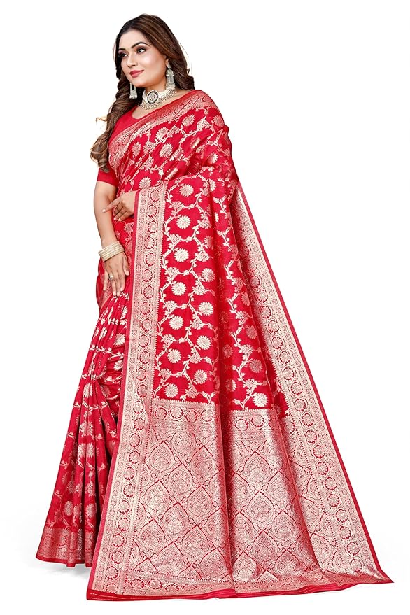 Owl Sky Women's Kanjivaram Soft Lichi Silk Saree with Silver Zari Floral Weave | With Unstiched Blouse Piece | Elegant Lightweight Indian Ethnic Sari | Red