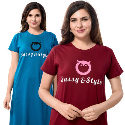 Women's Solid Printed Casual Relaxed Cotton Knee Length Regular Fit Nighty Combo Set of 2
