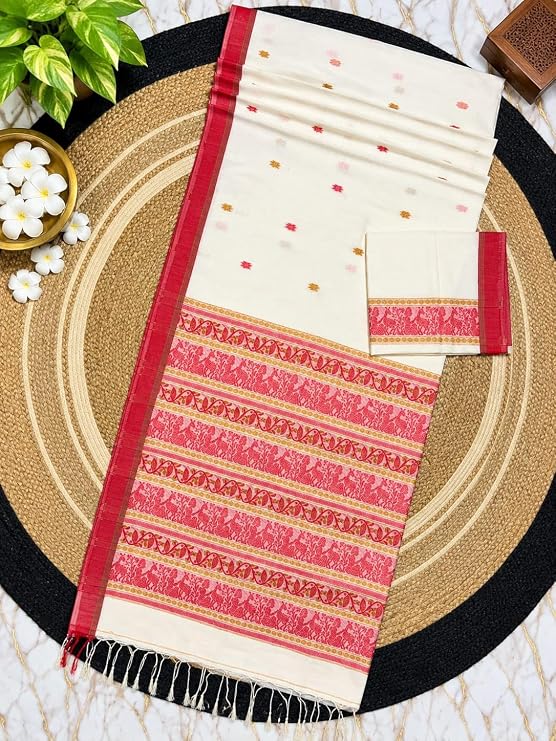 OWLSKY, SASSY & STYLO Women's Premium Handloom Mulcotton Saree | Ivory Cream Baluchari Jamdani Inspired Floral Buti Design with Rani Pink Border | Traditional Festive Ethnic Wear
