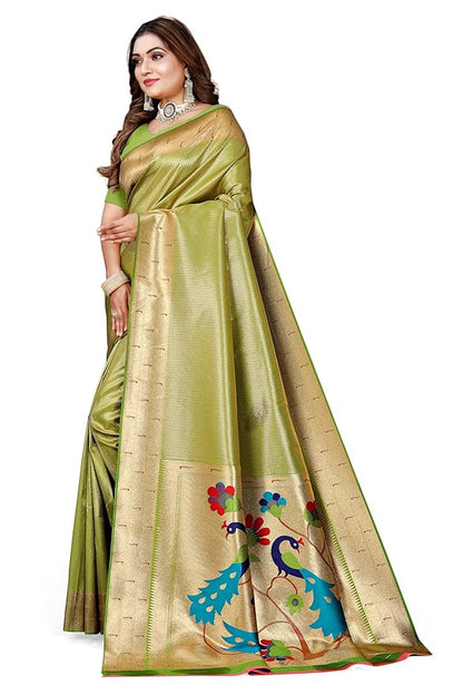 Owlsky Women’s Kanjivaram Silk Saree with Beautiful Paithani Rich Pallu | Design Work Zari Woven Kanjivaram Silk Style Saree With Soft Lichi Silk Blouse Olive Green