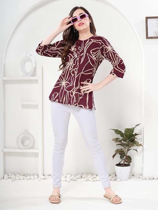 Owl Sky Women’s Pure Cotton Jaipuri Printed Short Kurti – Free Size Maroon