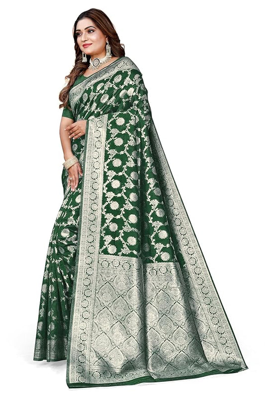 Owl Sky Women's Kanjivaram Soft Lichi Silk Saree with Silver Zari Floral Weave | With Unstiched Blouse Piece | Elegant Lightweight Indian Ethnic Sari | Bottle Green