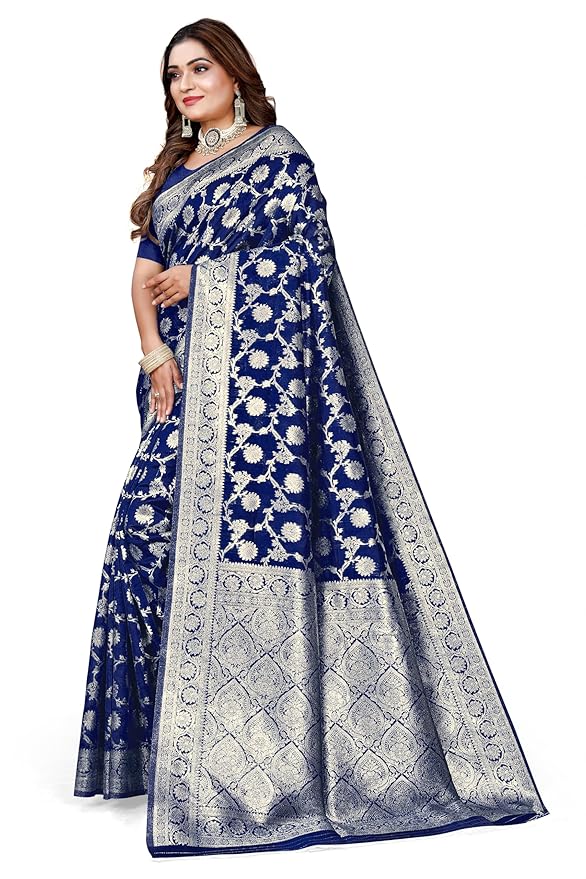 Owl Sky Women's Kanjivaram Soft Lichi Silk Saree with Silver Zari Floral Weave | With Unstiched Blouse Piece | Elegant Lightweight Indian Ethnic Sari | Royal Blue