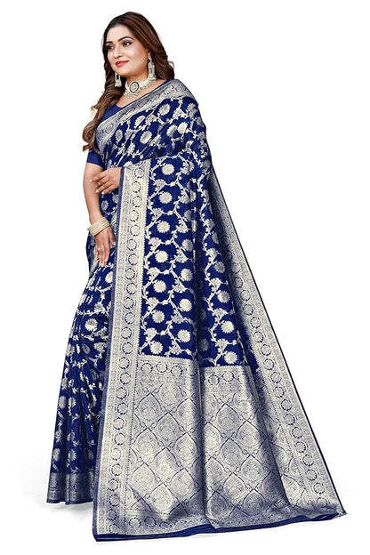 Owl Sky Women's Kanjivaram Soft Lichi Silk Saree with Silver Zari Floral Weave | With Unstiched Blouse Piece | Elegant Lightweight Indian Ethnic Sari | Royal Blue