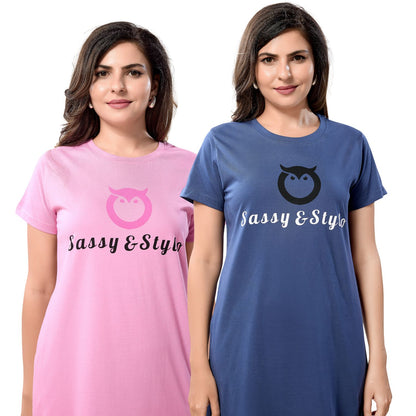 Women's Solid Printed Casual Relaxed Cotton Knee Length Regular Fit Nighty Combo Set of 2