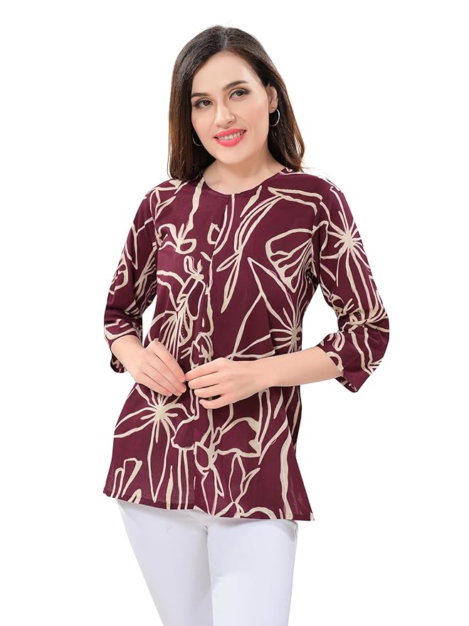 Owl Sky Women’s Pure Cotton Jaipuri Printed Short Kurti –  Maroon