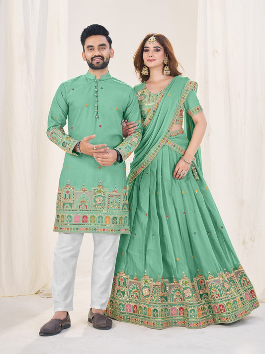 Owl Sky Couple Matching Embroidered Georgette Lehenga Choli & Men’s Kurta Set with Sequins Work (Semi-Stitched, Wedding & Festive Wear) Sea Blue