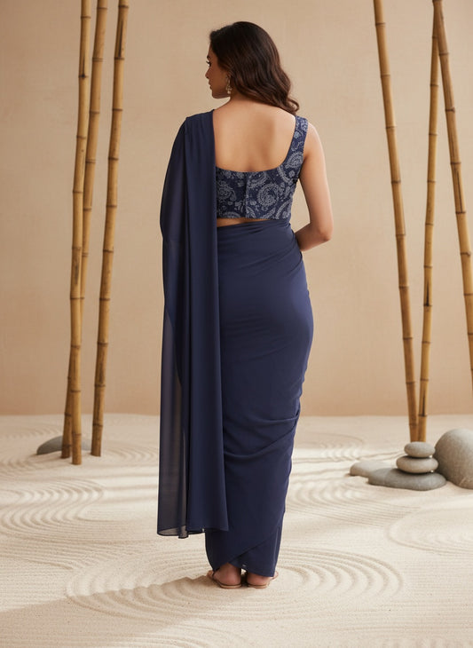 Women Navy Blue Ready-to-Wear One Minute Saree with Embroidered Sleeveless Blouse | Premium Lycra Party,Wedding & Festive
