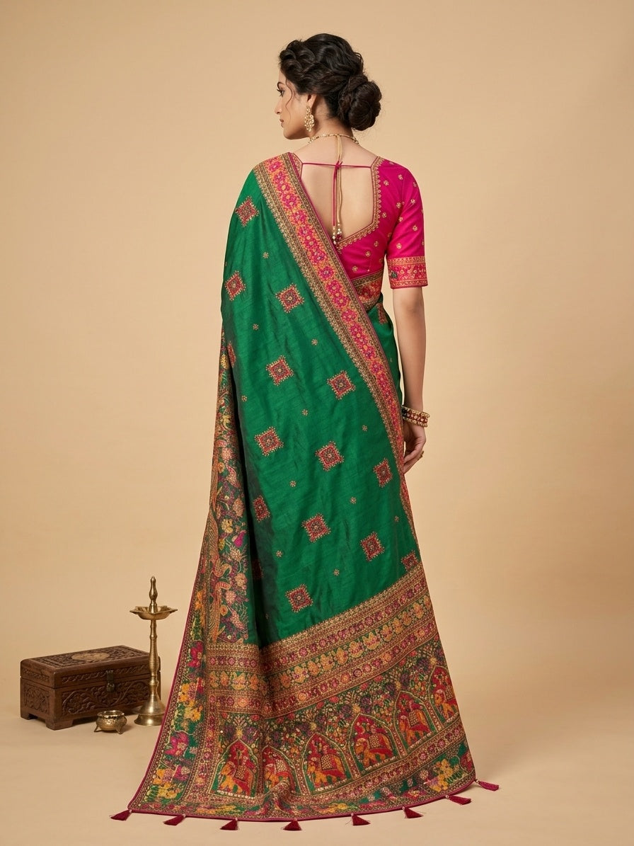 OWLSKY, SASSY & STYLO Women's Pure Rajwadi Pashmina Silk Woven Saree with Kashmiri Thread Woven Pallu | Heavy Zari Elephant Border, Running Butti, Handmade Tassels | Contrast Unstitched Blouse