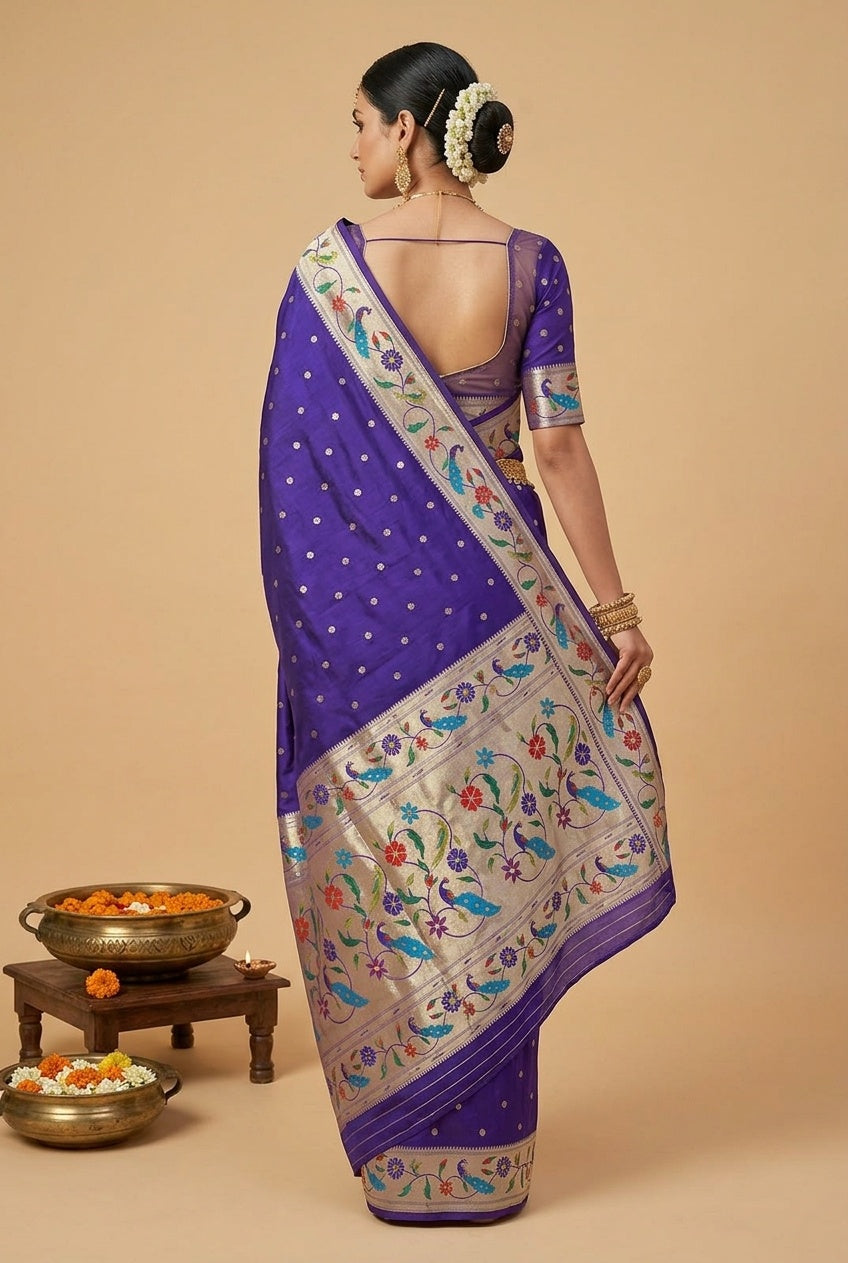 OWLSKY, SASSY & STYLO Women's Paithani Silk Saree with Zari Motif Design| Meenakari Rich Pallu with Tessels Attched | Peacock Floral Border | Traditional Festive Saree with Silk Blouse Piece