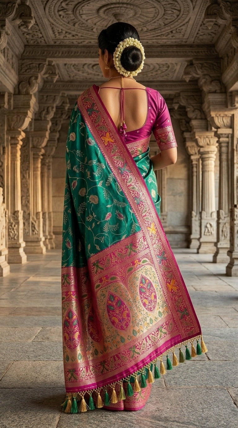 PREMIUM Soft Paithani Silk Saree for Women with Meenakari Zari Weaving, Rich Peacock Pallu, Floral Border & Tassels with Brocade Blouse