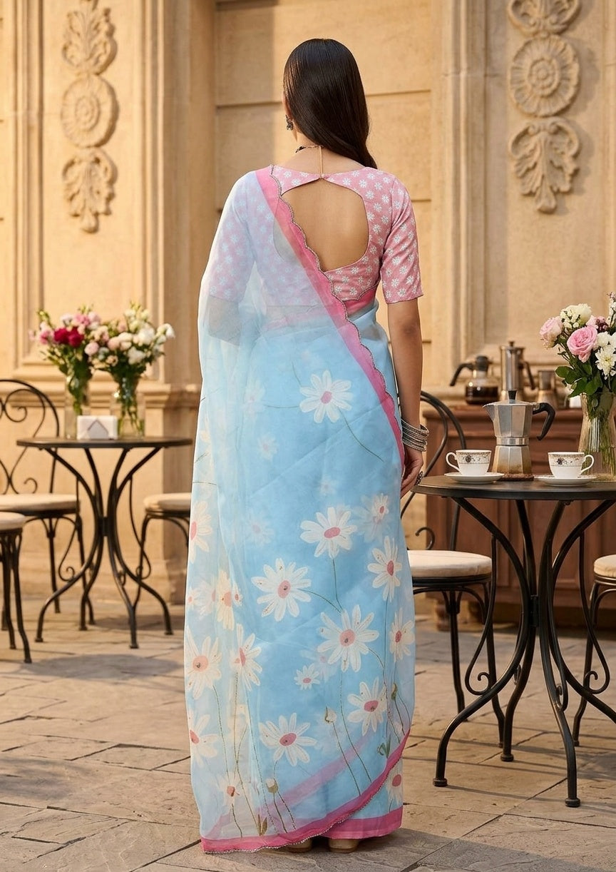 OWLSKY, SASSY & STYLO Women's Premium Soft Organza Floral Printed Saree with Scallop Border | Lightweight Organza Saree with Unstitched Blouse Piece