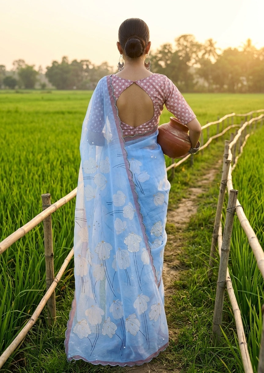 OWLSKY, SASSY & STYLO Women's Premium Soft Organza Floral Printed Saree with Scallop Border | Lightweight Organza Saree with Unstitched Blouse Piece