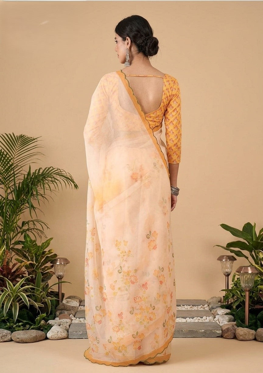 OWLSKY, SASSY & STYLO Women's Premium Soft Organza Floral Printed Saree with Scallop Border | Lightweight Organza Saree with Unstitched Blouse Piece