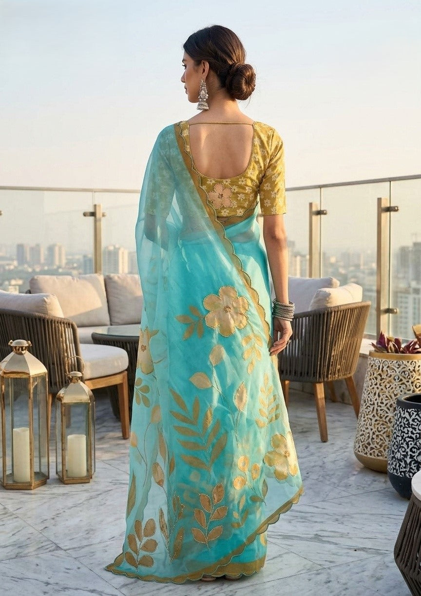 OWLSKY, SASSY & STYLO Women's Premium Soft Organza Floral Printed Saree with Scallop Border | Lightweight Organza Saree with Unstitched Blouse Piece