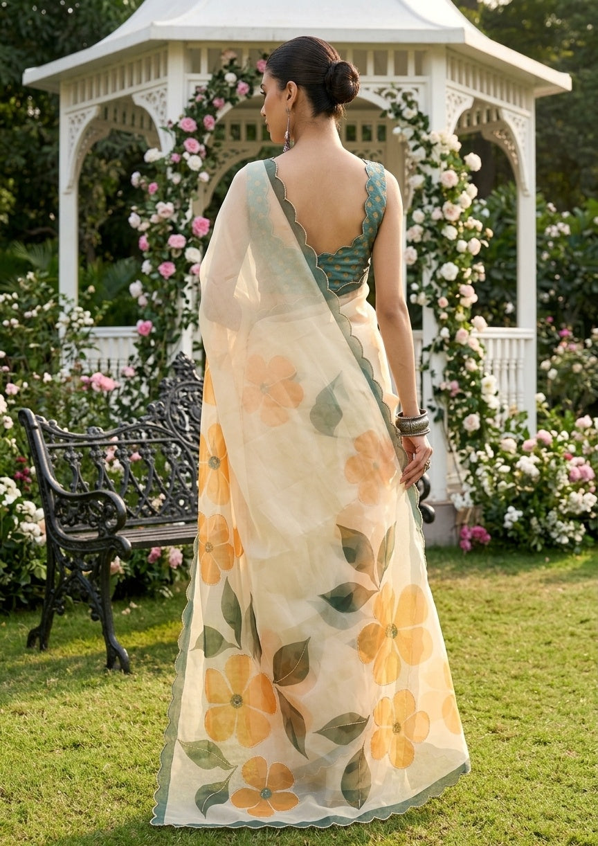 OWLSKY, SASSY & STYLO Women's Premium Soft Organza Floral Printed Saree with Scallop Border | Lightweight Organza Saree with Unstitched Blouse Piece