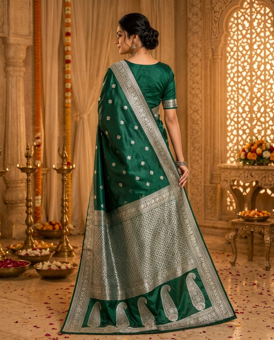 OWLSKY, SASSY & STYLO Women's Handloom Pure Banarasi Silk Saree with Jacquard Woven Floral/Paisley Butti with Rich Contrast Zari Border & Grand Rich Designer Woven Pallu