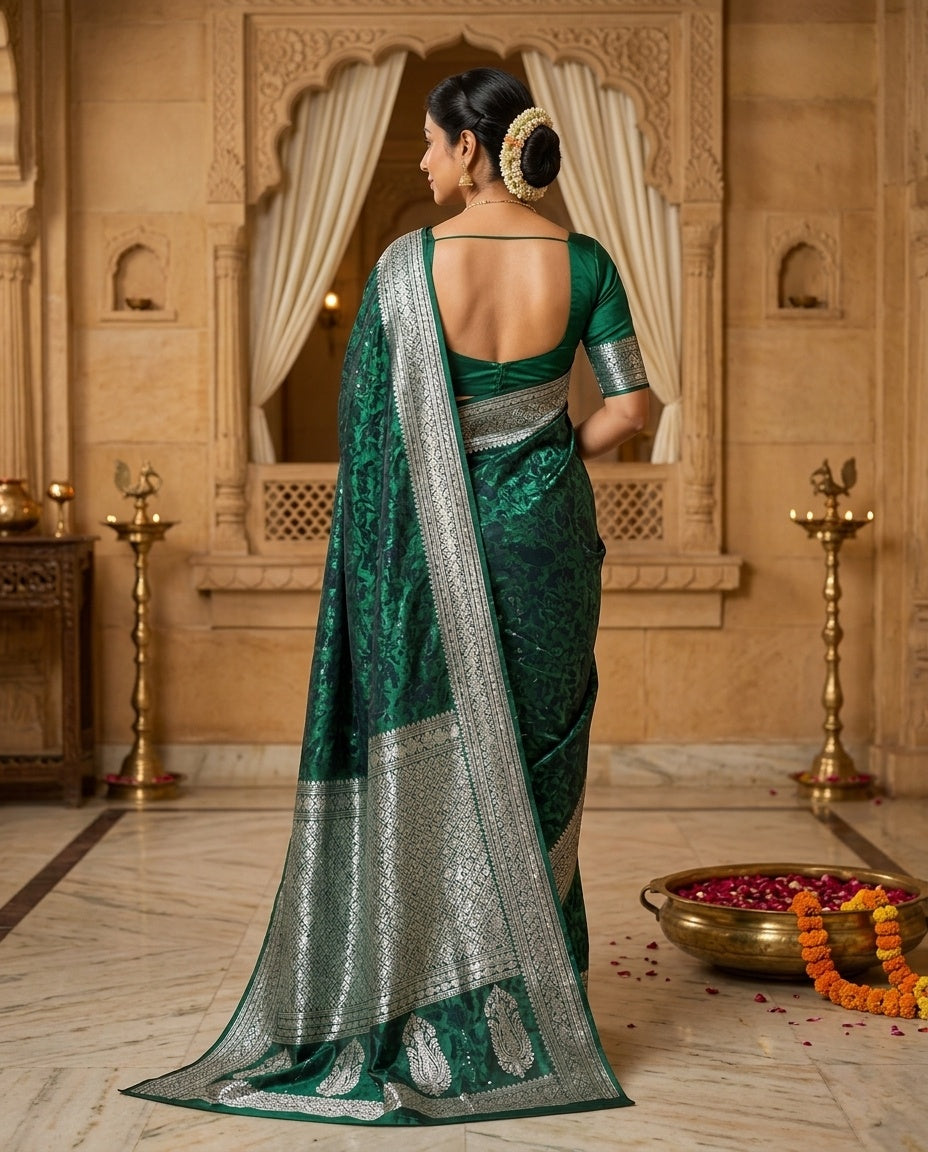 OWLSKY, SASSY & STYLO Women's Handloom Pure Banarasi Silk Saree with Jacquard Woven Floral/Paisley Butti with Rich Contrast Zari Border & Grand Rich Designer Woven Pallu