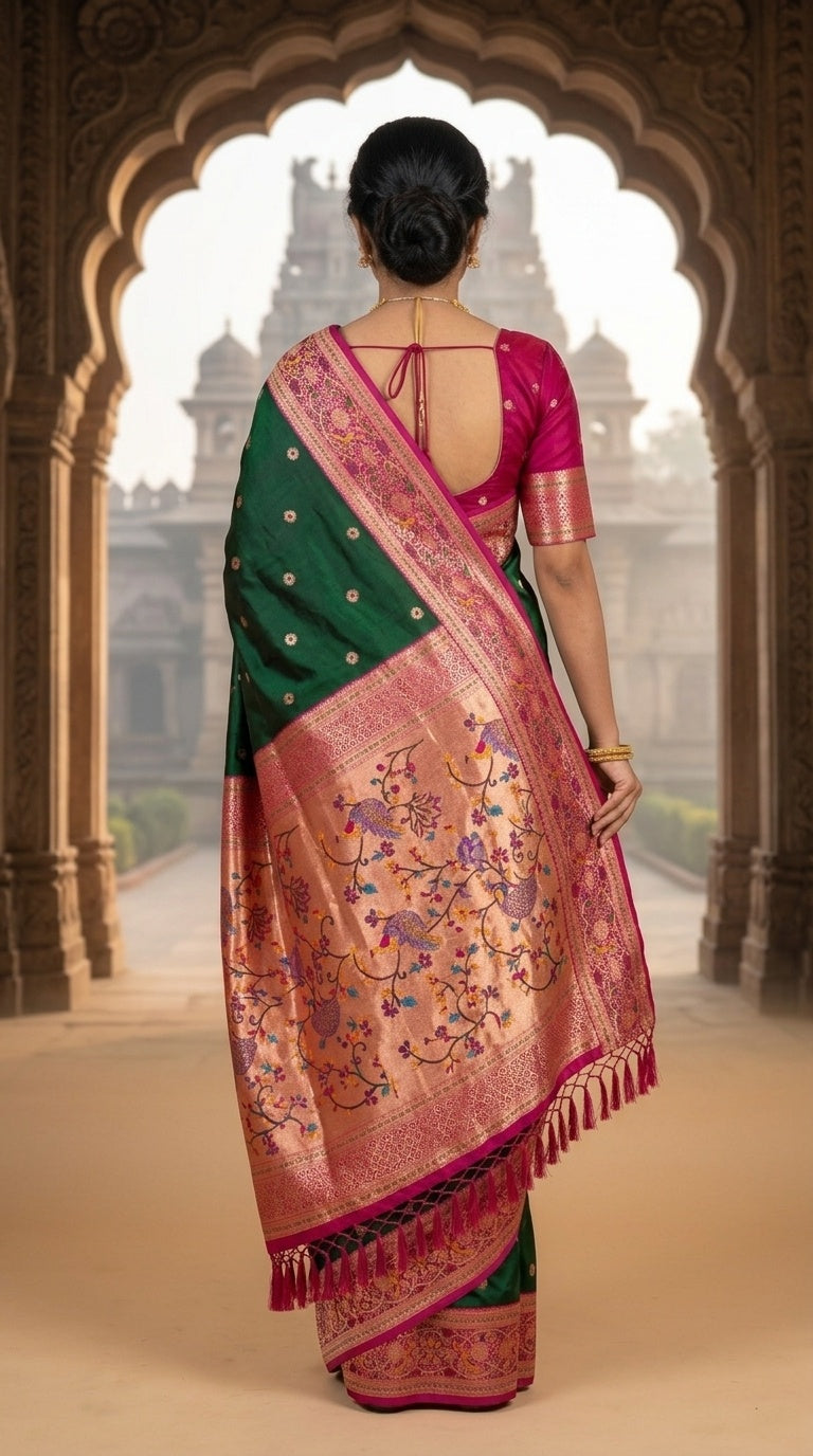 Premium Soft Paithani Silk Saree for Women with Meenakari Zari Weaving, Rich Peacock Pallu, Floral Border & Silk Brocade Blouse