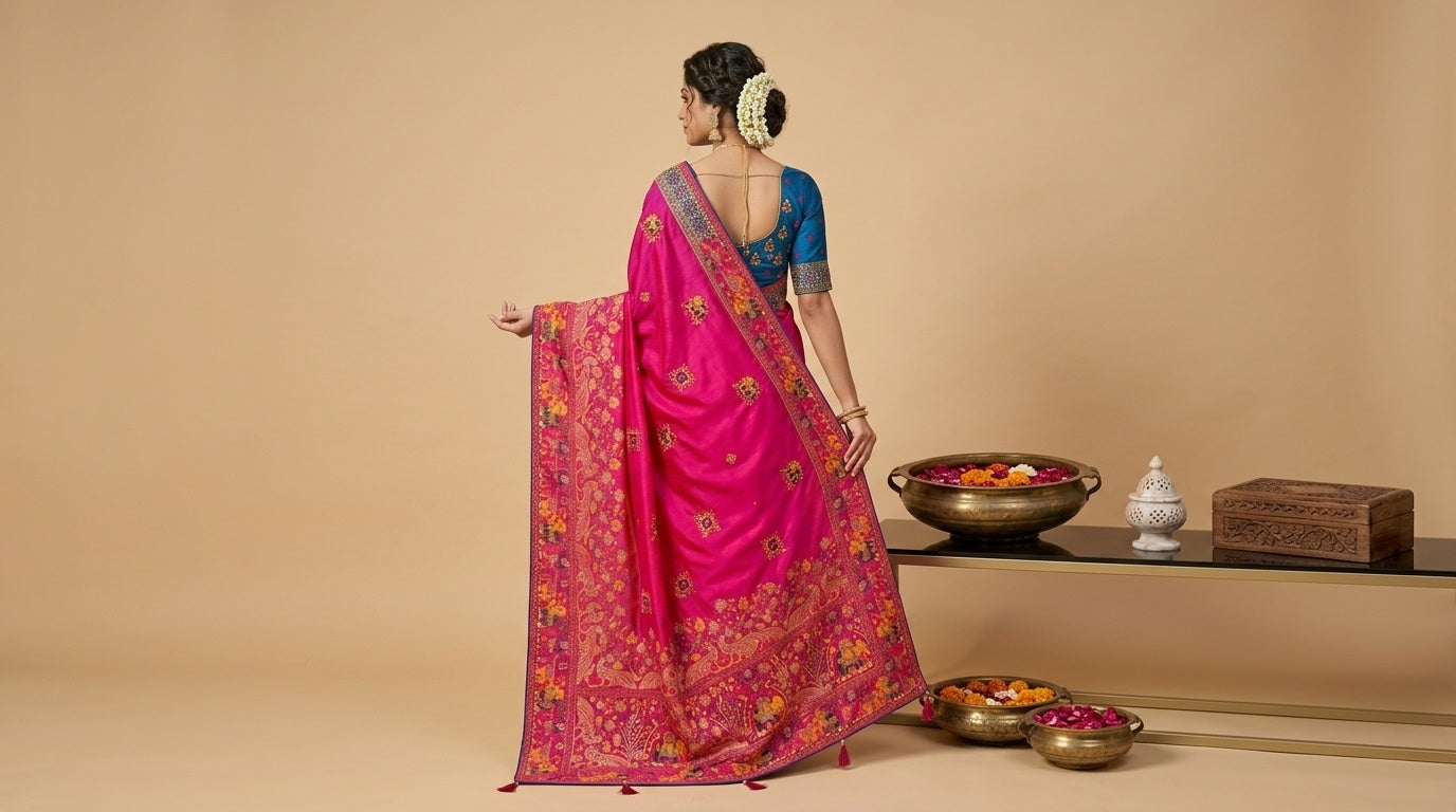 OWLSKY, SASSY & STYLO Women's Pure Rajwadi Pashmina Silk Woven Saree with Kashmiri Thread Woven Pallu | Heavy Zari Elephant Border, Running Butti, Handmade Tassels | Contrast Unstitched Blouse