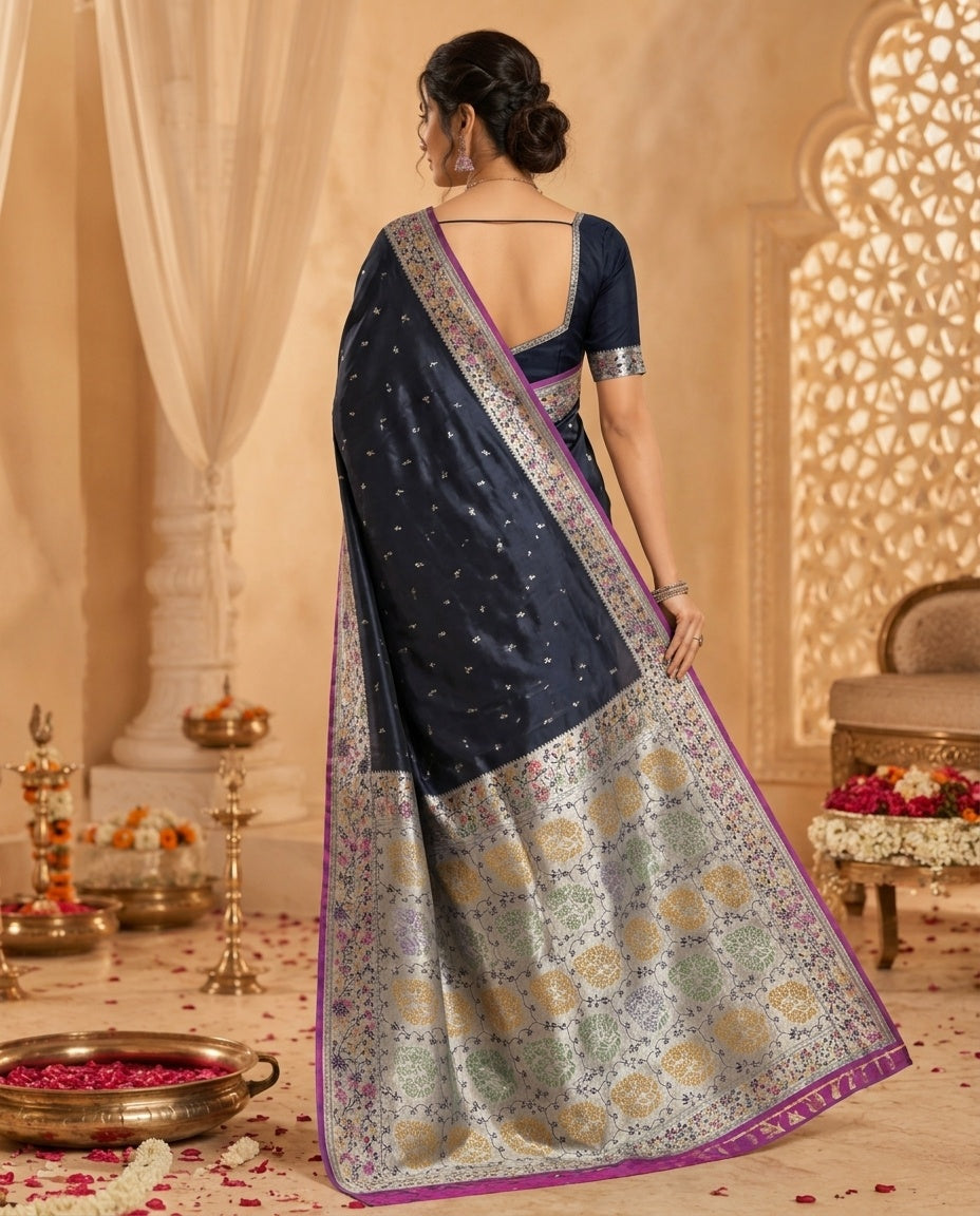 OWLSKY, SASSY & STYLO Women's Handloom Pure Banarasi Silk Saree with Jacquard Woven Floral/Paisley Butti with Rich Contrast Zari Border & Grand Rich Designer Woven Pallu