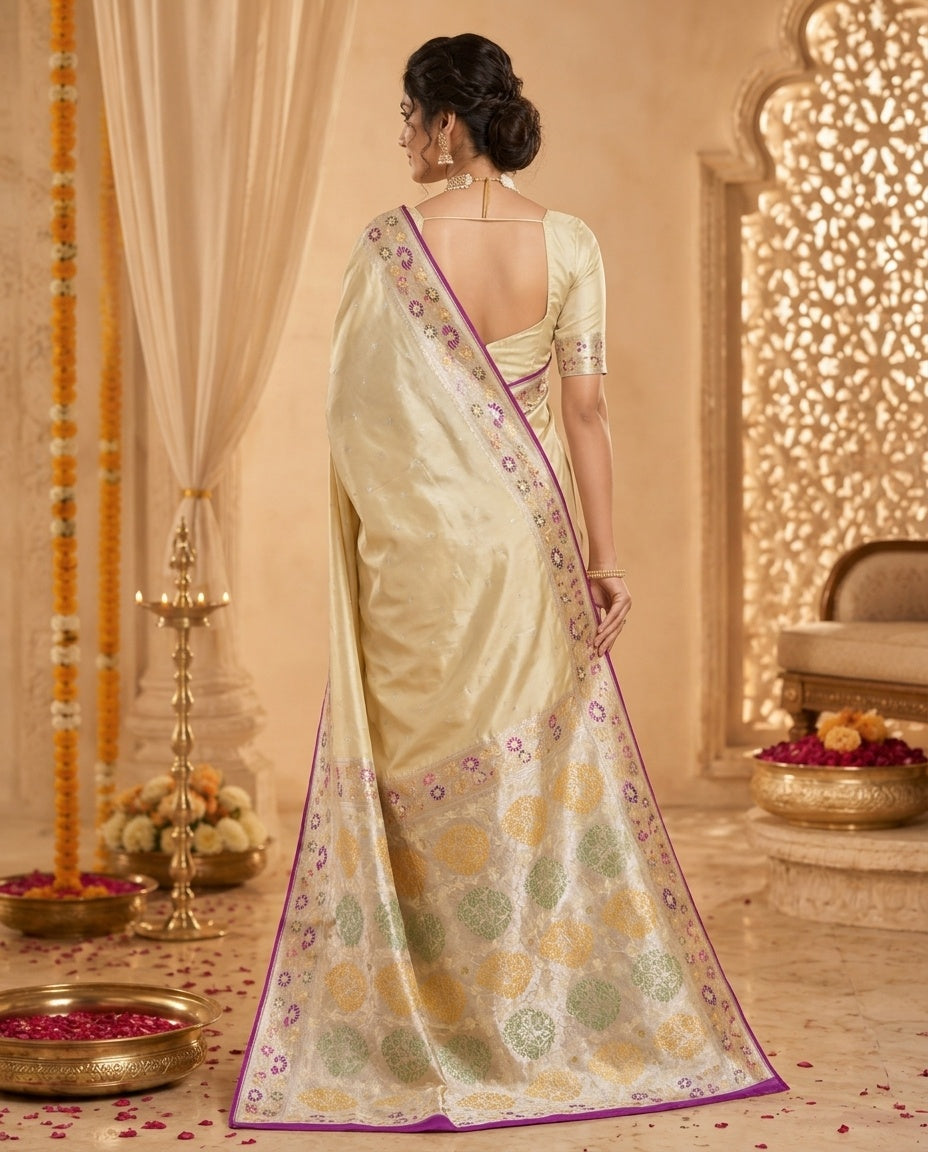 OWLSKY, SASSY & STYLO Women's Handloom Pure Banarasi Silk Saree with Jacquard Woven Floral/Paisley Butti with Rich Contrast Zari Border & Grand Rich Designer Woven Pallu