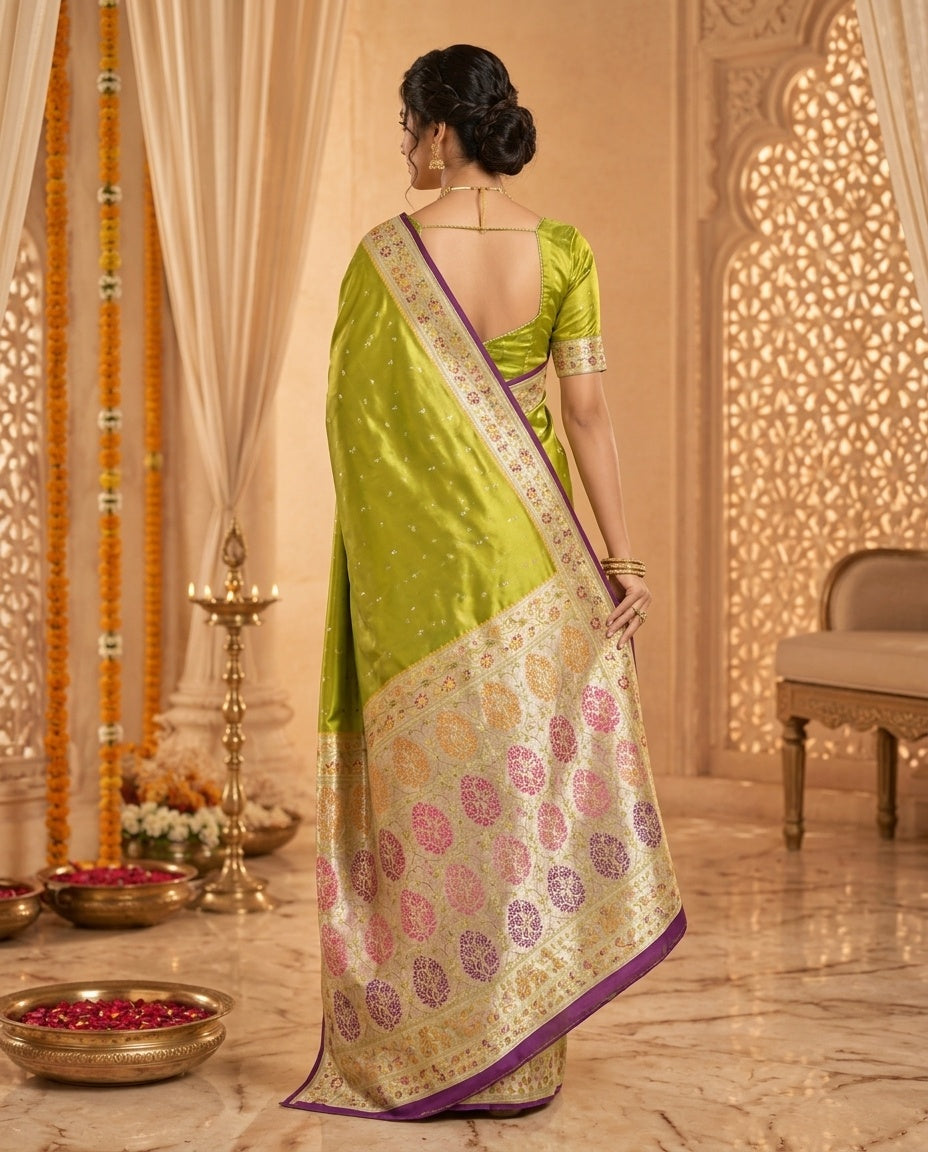 OWLSKY, SASSY & STYLO Women's Handloom Pure Banarasi Silk Saree with Jacquard Woven Floral/Paisley Butti with Rich Contrast Zari Border & Grand Rich Designer Woven Pallu