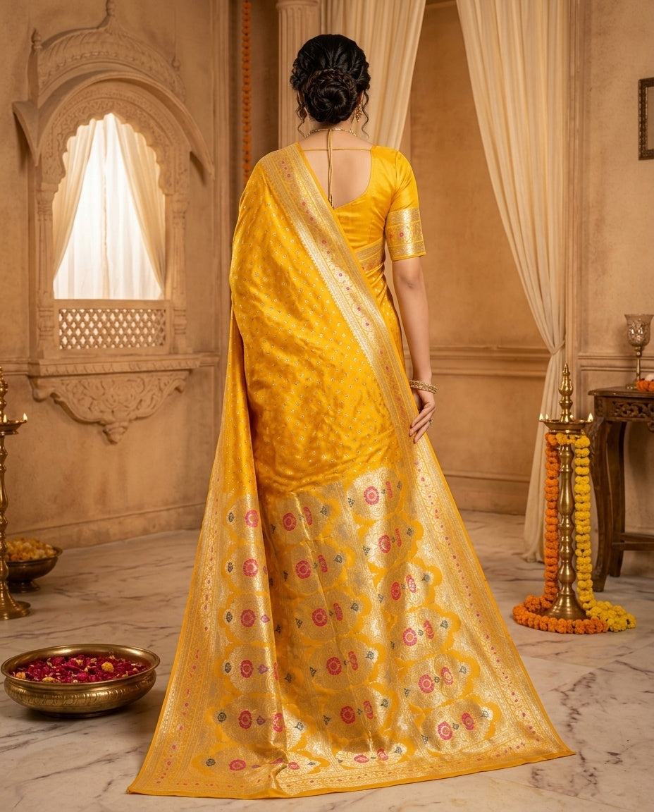 OWLSKY, SASSY & STYLO Women's Handloom Pure Banarasi Silk Saree with Jacquard Woven Floral/Paisley Butti with Rich Contrast Zari Border & Grand Rich Designer Woven Pallu