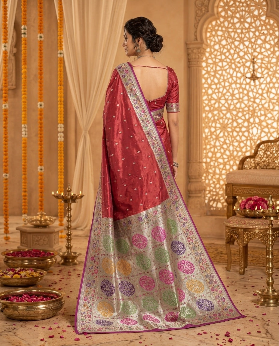 OWLSKY, SASSY & STYLO Women's Handloom Pure Banarasi Silk Saree with Jacquard Woven Floral/Paisley Butti with Rich Contrast Zari Border & Grand Rich Designer Woven Pallu