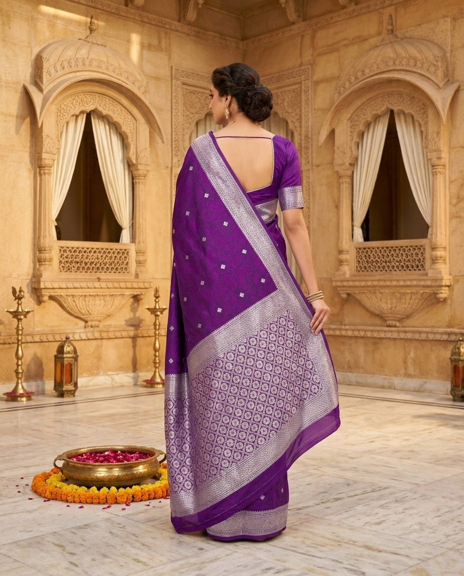 OWLSKY, SASSY & STYLO Women's Handloom Pure Banarasi Silk Saree with Jacquard Woven Floral/Paisley Butti with Rich Contrast Zari Border & Grand Rich Designer Woven Pallu