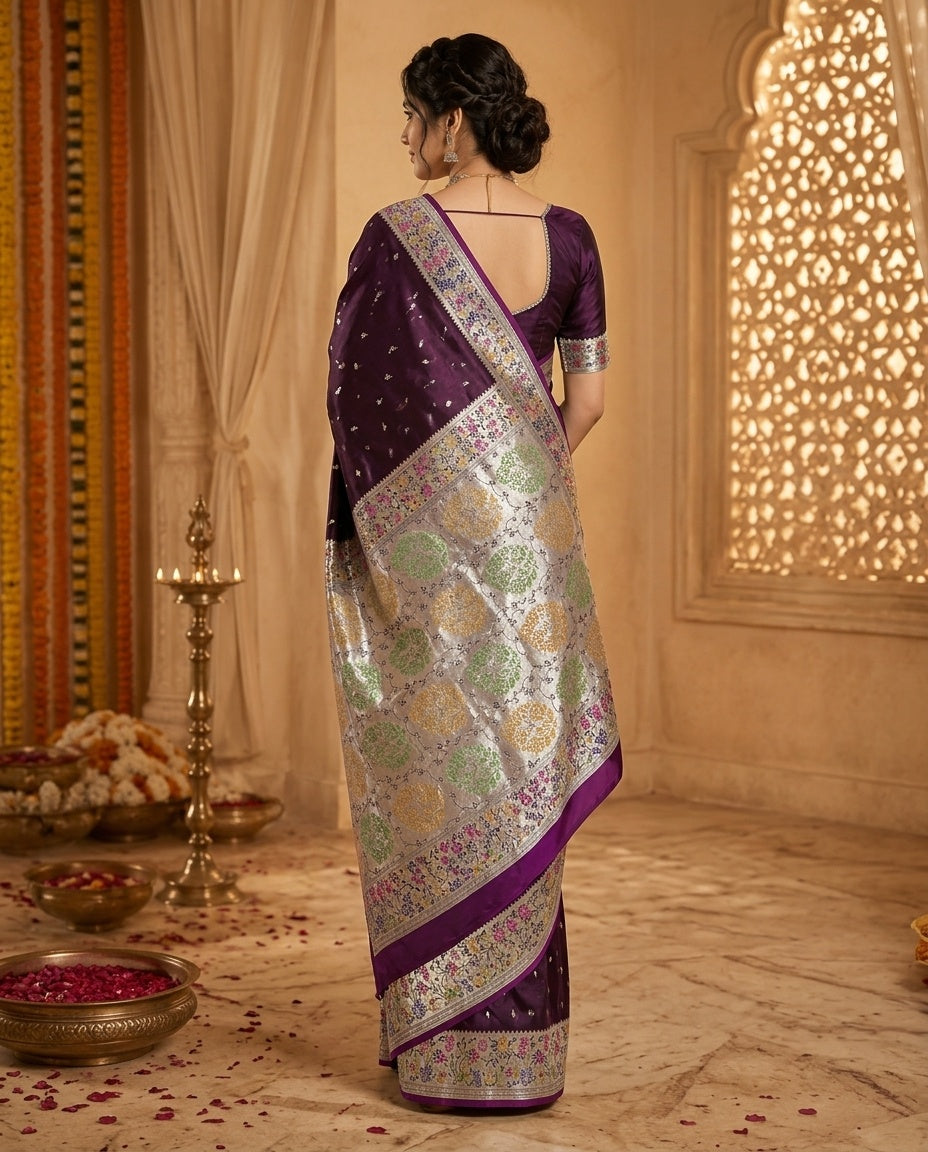 OWLSKY, SASSY & STYLO Women's Handloom Pure Banarasi Silk Saree with Jacquard Woven Floral/Paisley Butti with Rich Contrast Zari Border & Grand Rich Designer Woven Pallu