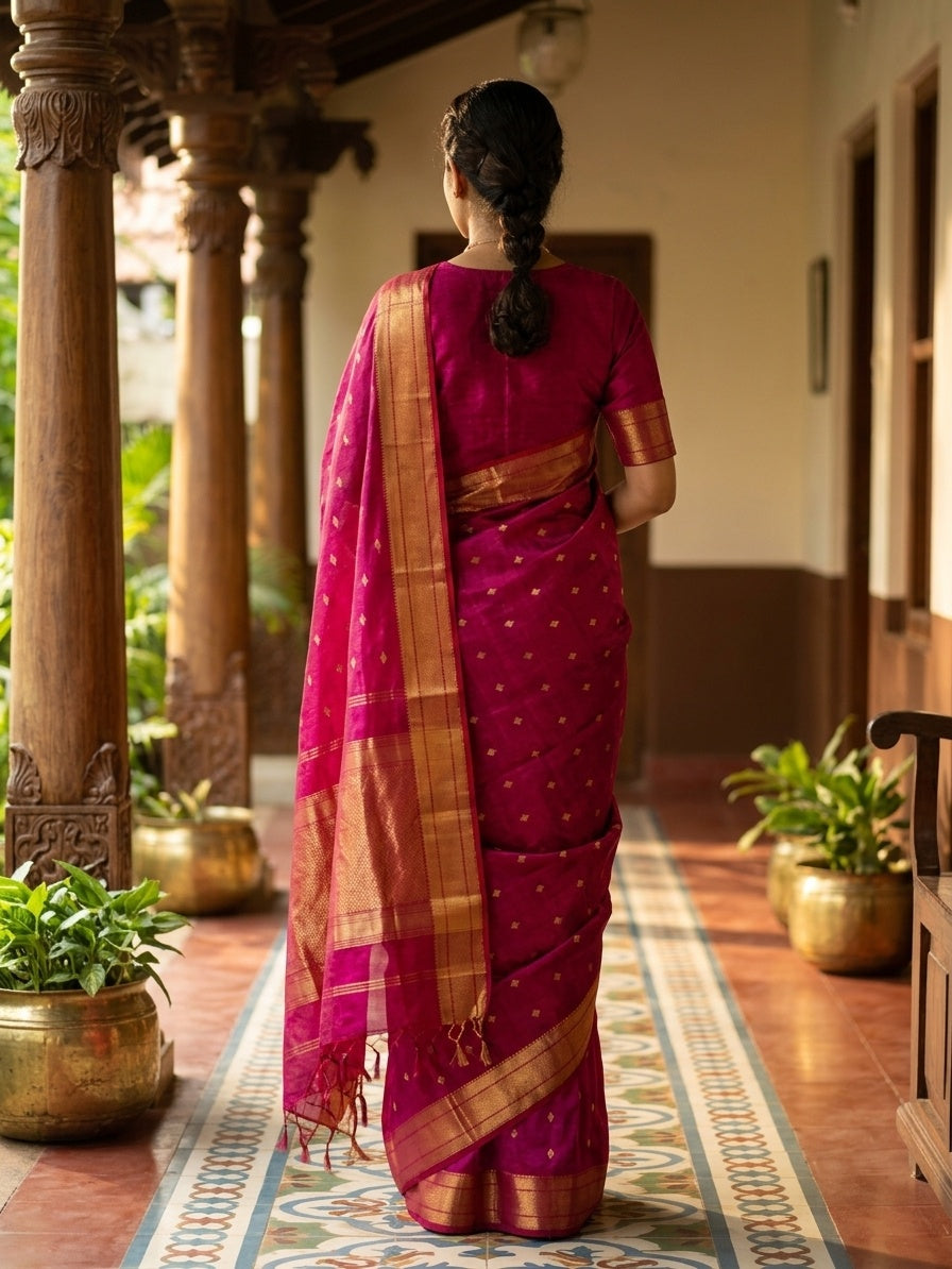 OWLSKY, SASSY & STYLO Women's Handloom Maheshwari Silk Saree with Traditional Zari Border | Premium Woven Silk Saree with Rich Pallu & Running Blouse | Designer Ethnic Saree for Wedding, Festival