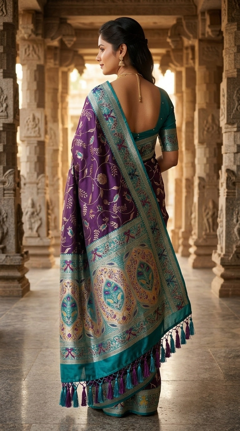PREMIUM Soft Paithani Silk Saree for Women with Meenakari Zari Weaving, Rich Peacock Pallu, Floral Border & Tassels with Brocade Blouse