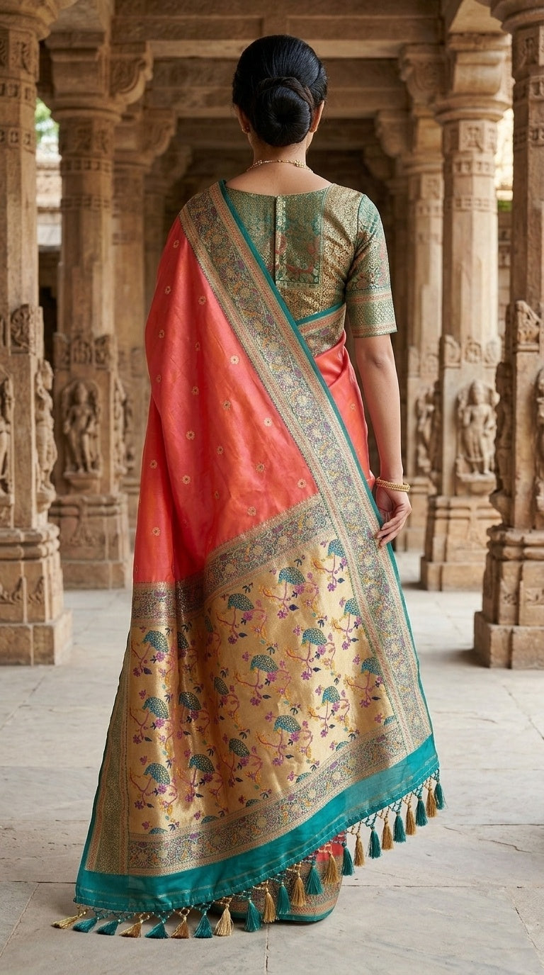 Premium Soft Paithani Silk Saree for Women with Meenakari Zari Weaving, Rich Peacock Pallu, Floral Border & Silk Brocade Blouse
