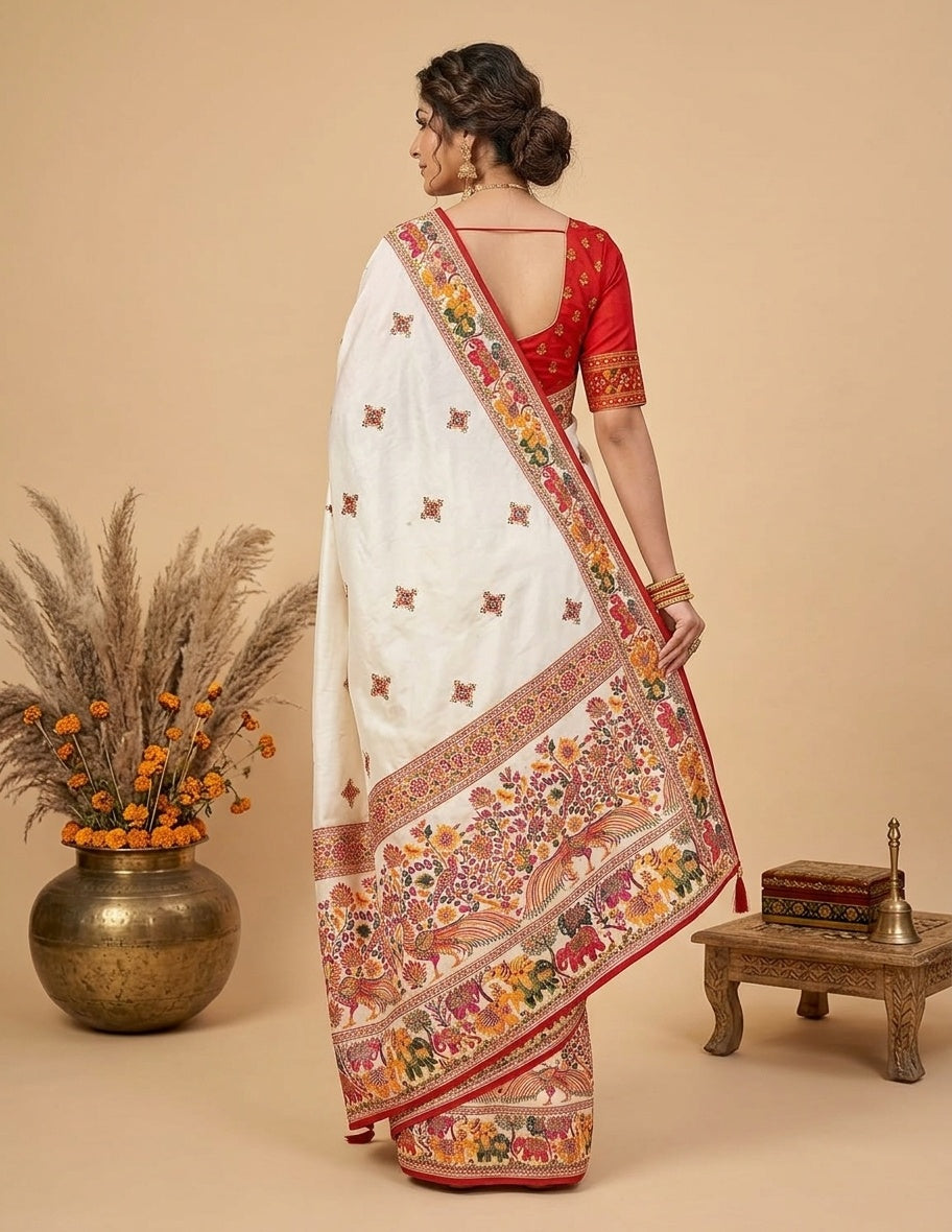OWLSKY, SASSY & STYLO Women's Pure Rajwadi Pashmina Silk Woven Saree with Kashmiri Thread Woven Pallu | Heavy Zari Elephant Border, Running Butti, Handmade Tassels | Contrast Unstitched Blouse