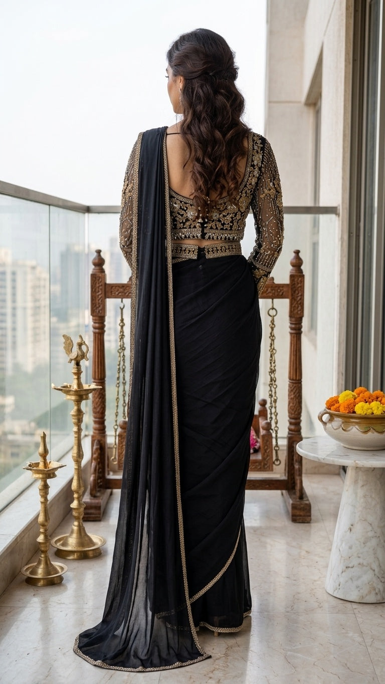 OWLSKY, SASSY & STYLO Women's Ready to Wear Imported Lycra Saree with Heavy Beads Work Designer Stitched Blouse | Pre Draped Saree | Stretch Lycra Saree