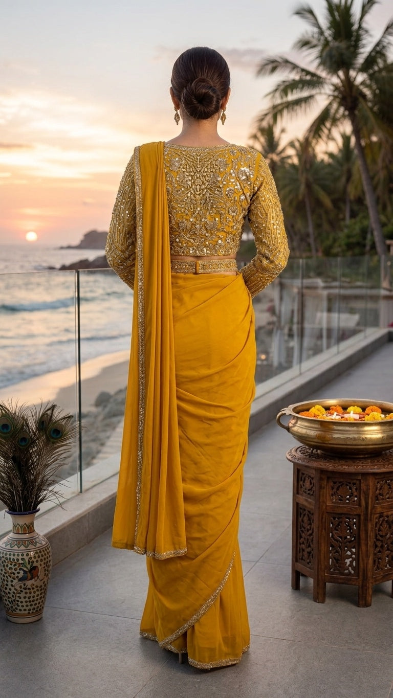 OWLSKY, SASSY & STYLO Women's Ready to Wear Imported Lycra Saree with Heavy Beads Work Designer Stitched Blouse | Pre Draped Saree | Stretch Lycra Saree