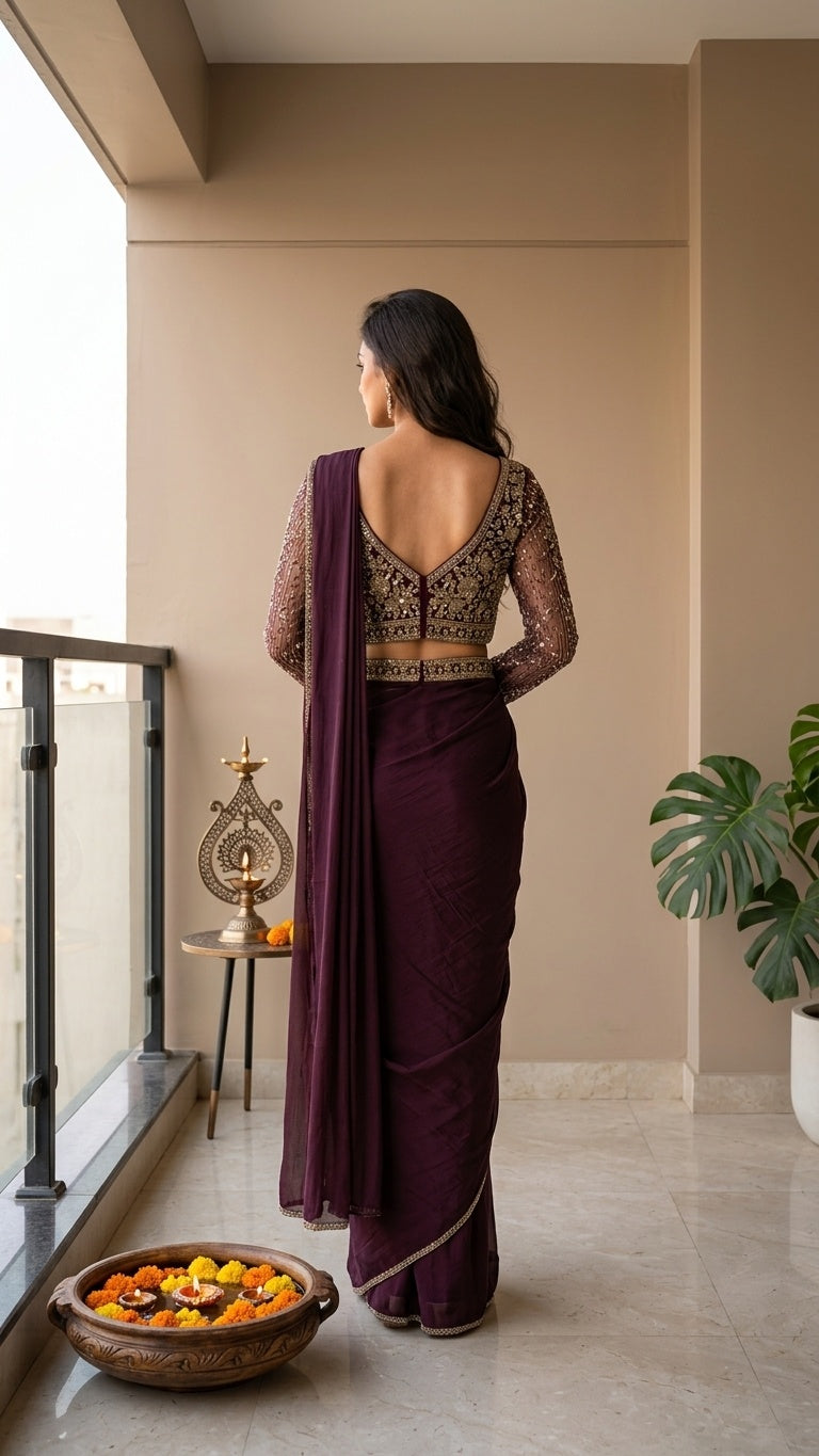 OWLSKY, SASSY & STYLO Women's Ready to Wear Imported Lycra Saree with Heavy Beads Work Designer Stitched Blouse | Pre Draped Saree | Stretch Lycra Saree