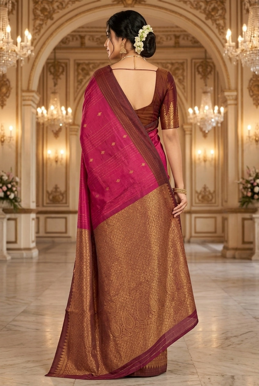 OWLSKY, SASSY & STYLO Pure Silk Kanjivaram Handloom Saree in Dark Rani Pink/Majenta with Antique Gold Zari Border & Rich Contrast Pallu | Traditional Kanchipuram Silk Saree for Women