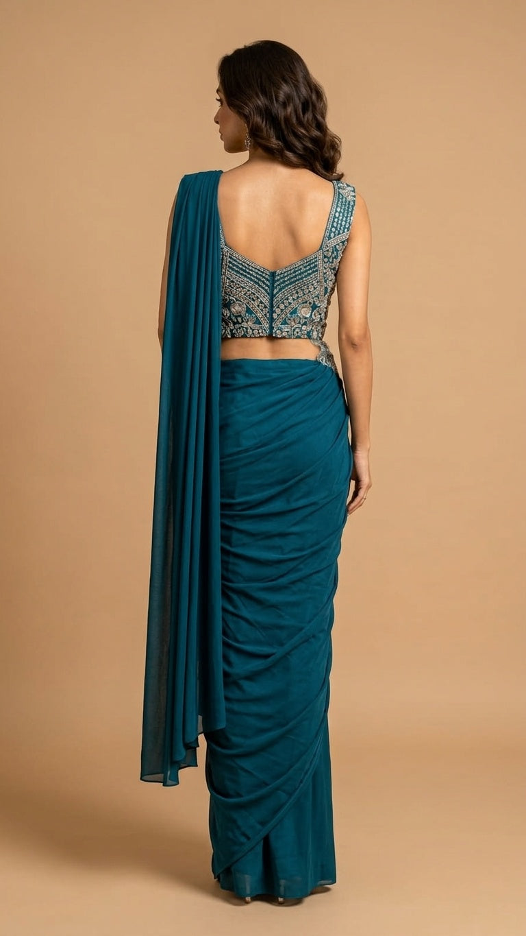 OWLSKY, SASSY & STYLO Women's Ready to Wear Imported Lycra Saree with Heavy Beads Work Blouse | Designer Pre Stitched Saree with Embellished Blouse