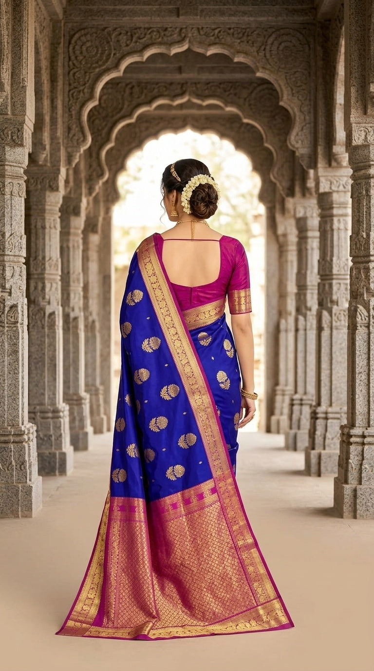 OWLSKY, SASSY & STYLO Royal Blue Pure Silk Kanjivaram Handloom Saree with Gold Zari Buttas & Magenta Contrast Pallu | Traditional Kanchipuram Silk Saree for Women