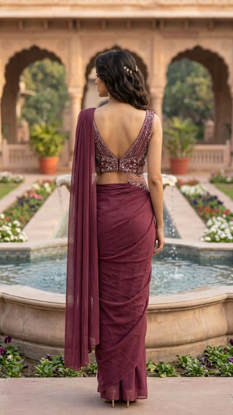 OWLSKY, SASSY & STYLO Women's Ready to Wear Imported Lycra Saree with Heavy Beads Work Blouse | Designer Pre Stitched Saree with Embellished Blouse